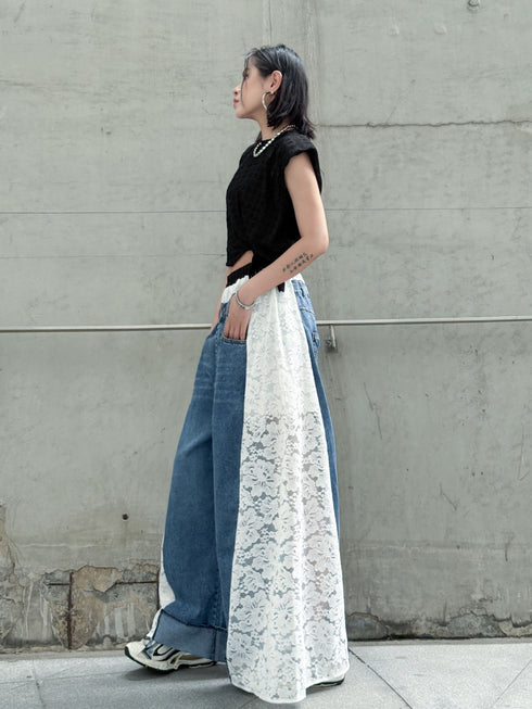 Lace Contrast Wide Denim Pants